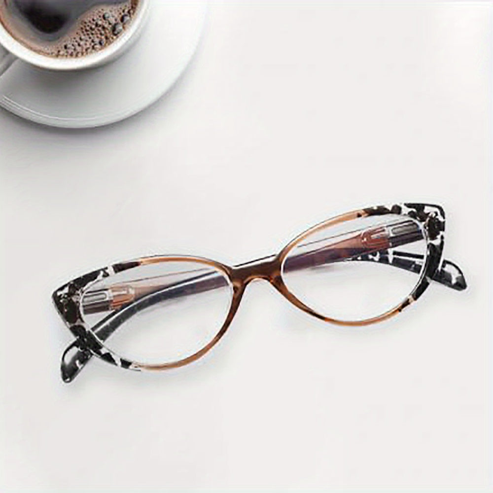 Women's blue light blocking reading glasses with cat eye design, spring hinges, anti-glare, and UV protection.