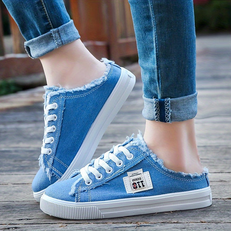 Fashionable solid color platform canvas shoes with a round toe, lace-up design, and breathable slip-on feature, ideal for casual summer wear.