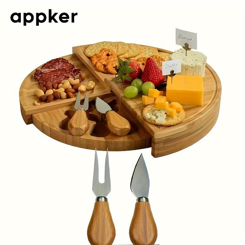 Appker Bamboo Cheese Board Set includes Cheese Knife and Wooden Charcuterie Board with Rotating Serving Platter for Appetizers, Food Safe Kitchen Accessory with Cheese Tools