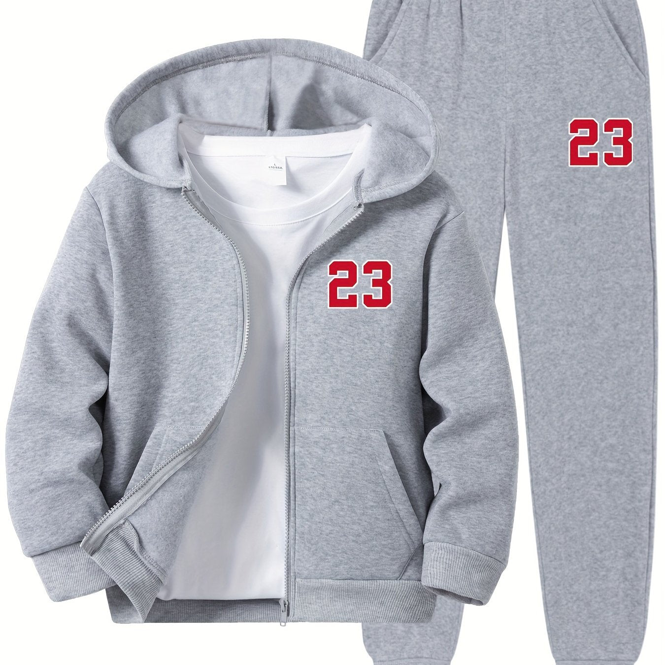 Kids' 23-Numbered Hoodie and Pants Set - Casual Zip-Up Sweatshirt and Joggers Combo in Knit Polyester, Perfect for Daily Outdoor Activities