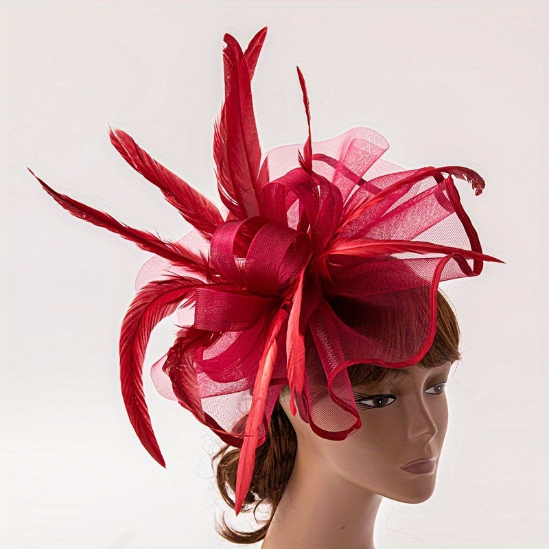 Embrace Elegance with the Elegant Red Feather & Mesh Fascinator Headband - Channeling Romantic British Royal Style, Crafted with Hand-Washable Polyester and Luxurious Ostrich Feathers, Ideal for Weddings, Derby, and Tea Parties