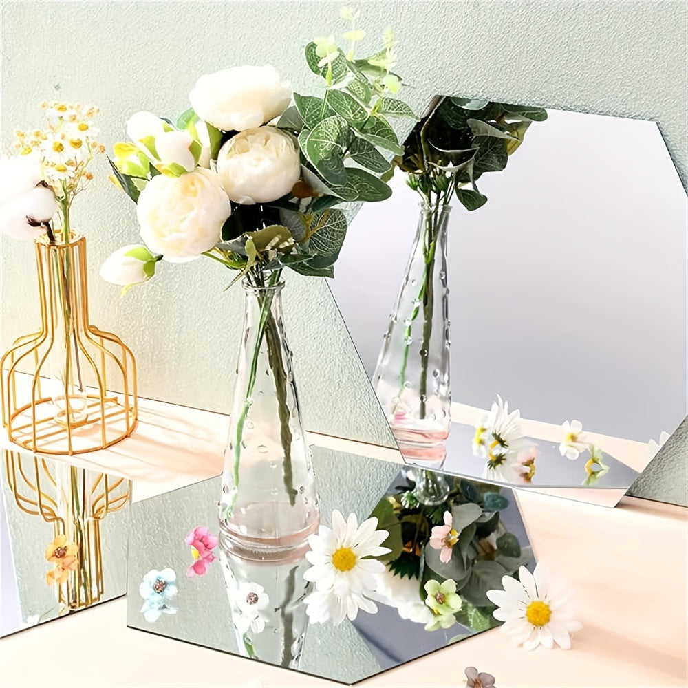 Silvery acrylic hexagon mirror decals for DIY 3D art in home decor.