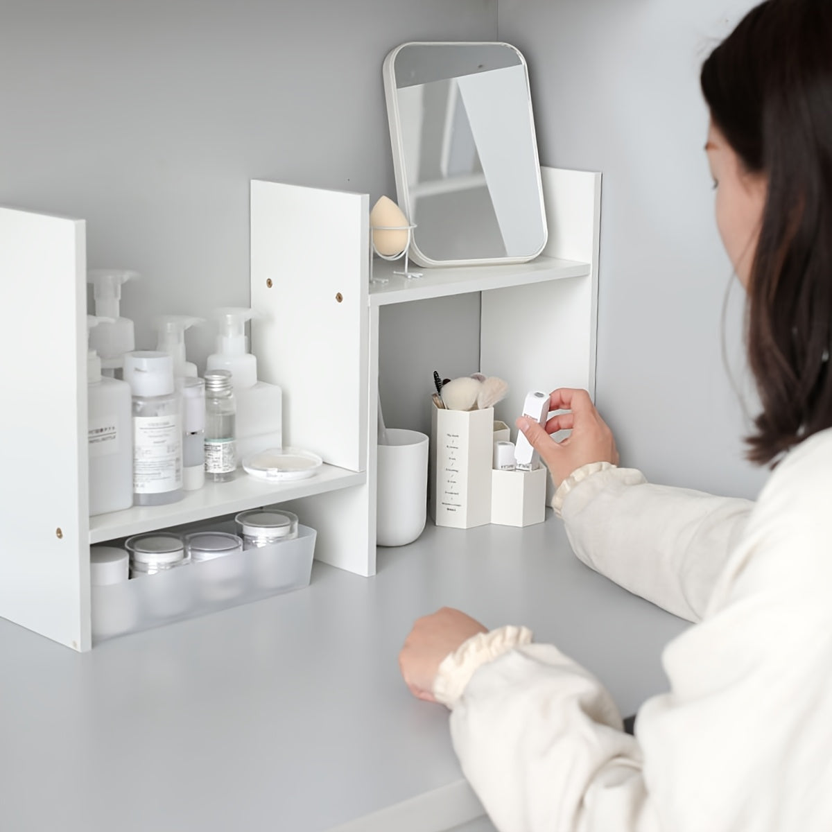 White wooden desk organizer with bookshelf for office and dorm storage; keeps workspace tidy.