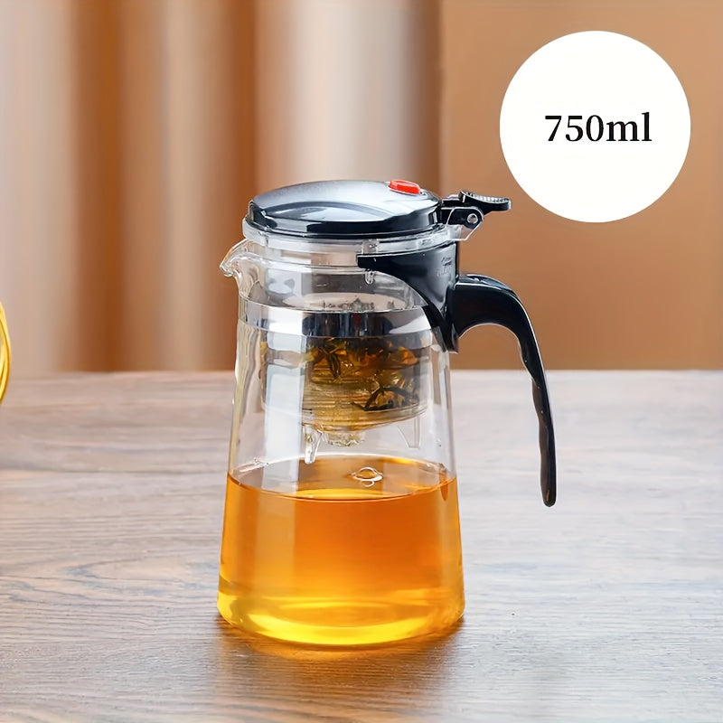 Elegant glass teapot with easy one-button infuser, perfect for loose leaf and blooming tea in home, office, or restaurant.