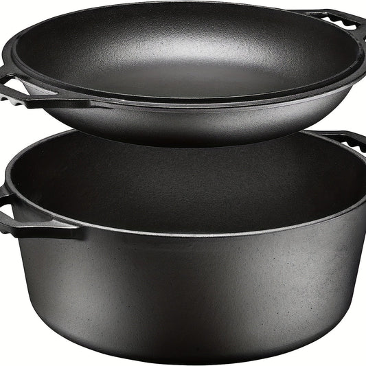 Get the ultimate 2-in-1 cooking versatility with this combo set featuring a high-quality cast iron Dutch oven and frying pan. The frying pan doubles as a lid to cover the Dutch oven, making it perfect for a variety of cooking methods including induction