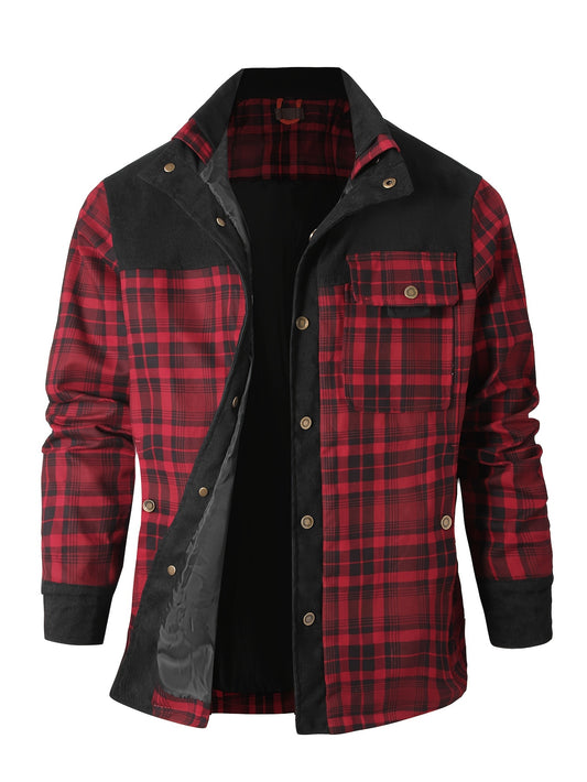 American retro style plaid shirt jacket suitable for outdoor leisure and fashion matching, with a classic workwear look.