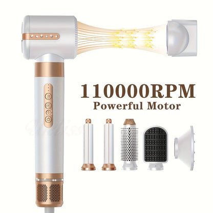 7 in 1 hot air brush with high speed hair dryer, diffuser, oval brush, air curling wand, concentrator attachment, and styler tools.