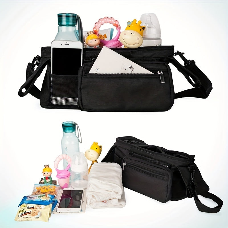 Black stroller hanging bag with multiple functions for baby stroller storage, including a urine layout bag, large capacity bottle bag.