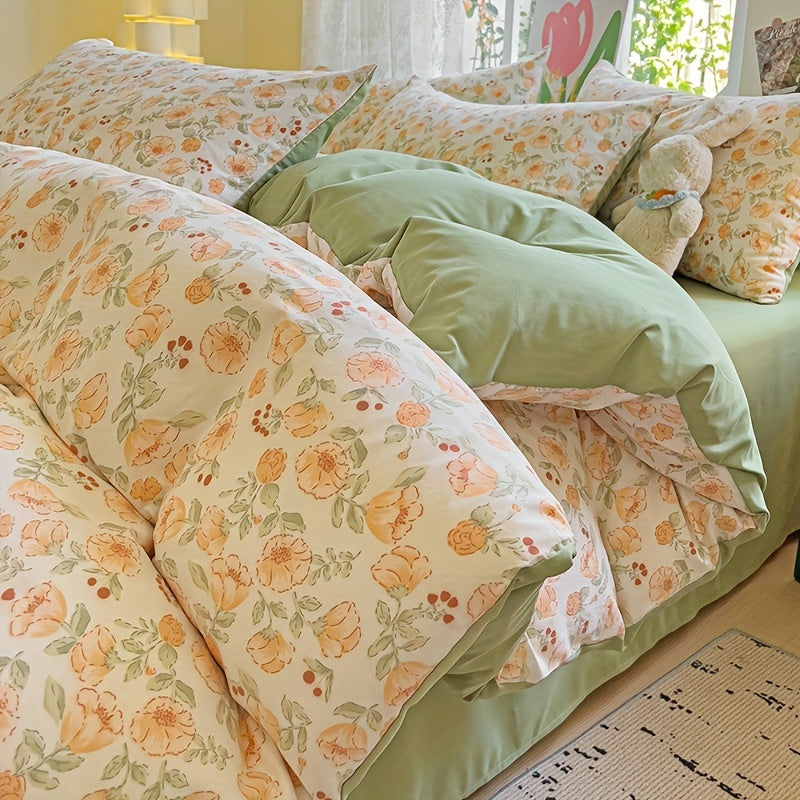 3-piece bedding set includes 1 quilt cover and 2 pillowcases with floral design. Cozy, breathable, and suitable for all seasons. Machine washable with no fading or deformation. Ideal for a