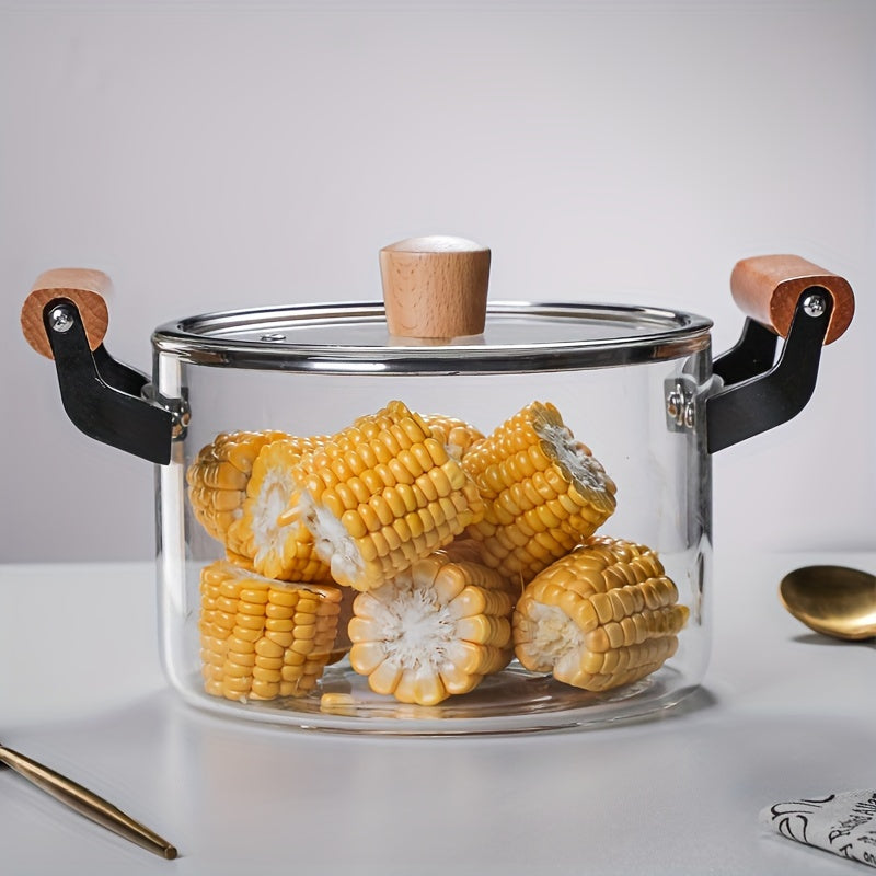 This soup pot with a lid and double wooden handle is perfect for cooking a variety of dishes. Made of safe glass, this household kitchen glass cooker is ideal for making pasta, noodles, soup, juice, and milk. Complete your kitchen supplies with this