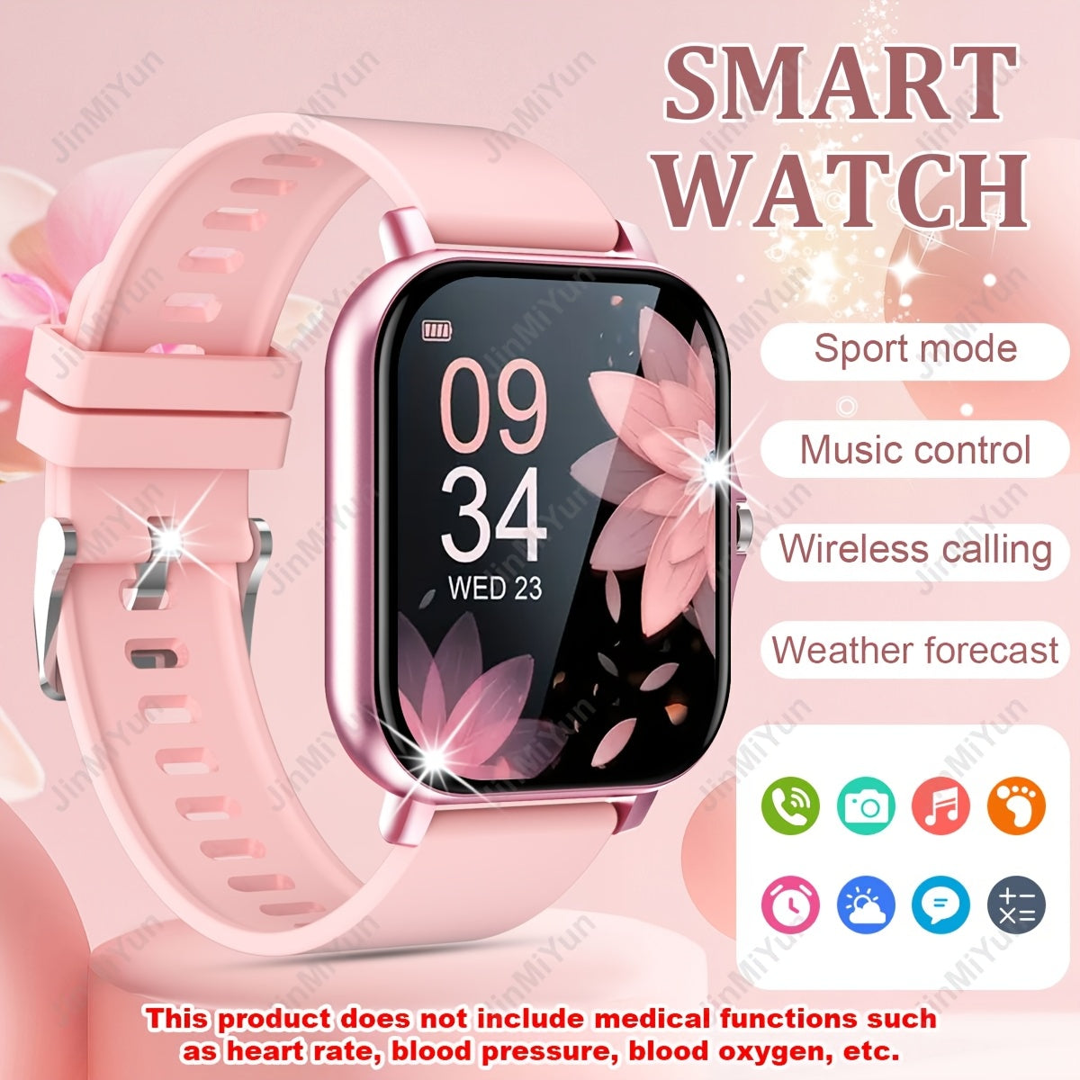 4.65cm Full Touch Screen Smartwatch in Pink for Men & Women - Features Wireless 5.0, Multi-Sport Modes, Wireless Calling, Music Control, Weather Forecast, & Monitoring. Compatible with