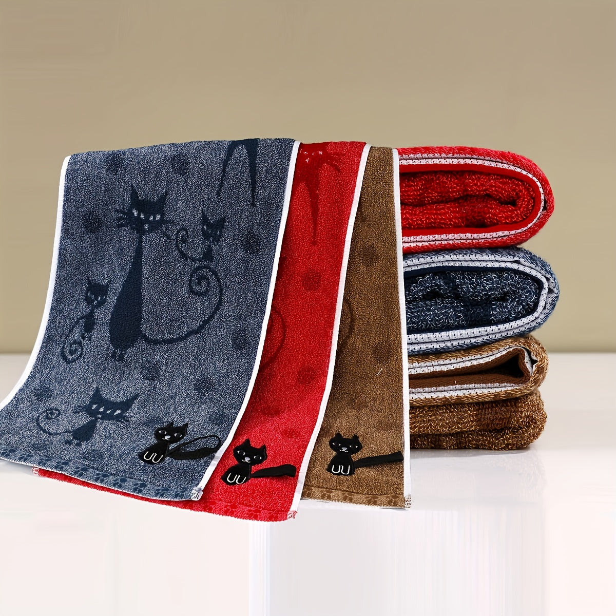 Soft, absorbent Cute Cat Pattern Velvet Hand Towel with Hanging Loop, perfect for kitchen, bathroom, or home decor. Available in Red, Blue, or Beige. Great gift idea with plush texture.