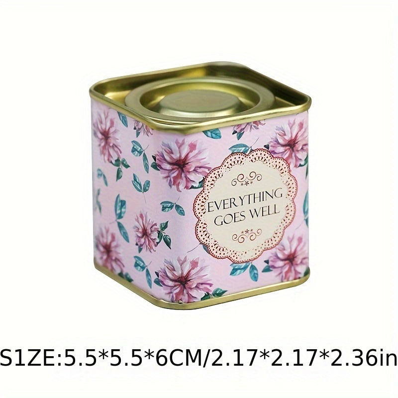 Decorative Floral Tea Storage Tin with Airtight Lid - Metal Canister for Sealing Tea Leaves, Safe for Food Contact, Square Tea Chest