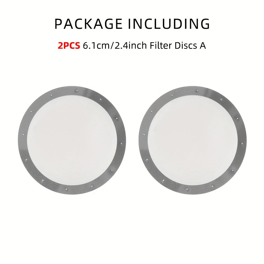 Two pieces of 2.4-inch Coffee Metal Mesh Filters, made of reusable stainless steel. Ideal for use with Aeropress Coffee Maker tools and a great addition to any kitchen accessories collection.