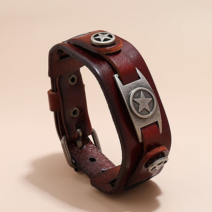 [Trending Pick] Men's Punk Rock Style Bracelet, Made of Genuine Leather with Zinc Alloy Star Pendant, Non-Magnetic Fashion Statement Piece