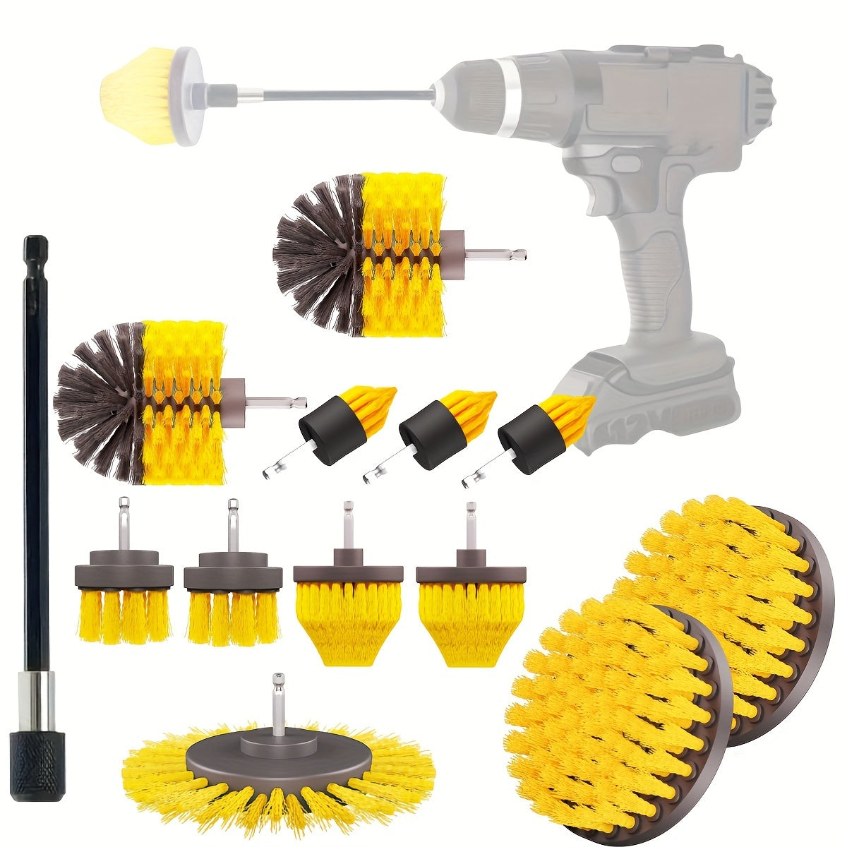 Get a package of Drill Brush Attachments with Cleaning Pads in sets of 3, 8, 10, 13, or 16. This Multi-Purpose Electric Scrubber is perfect for use in bathrooms, on floors, tiles, grout, and for car detailing.