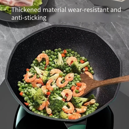 A Nonstick, Antibacterial Cast Iron Wok with Lid for Induction and Gas Stoves - Smokeless Frying Pan with High Durability and Aesthetic Appeal.