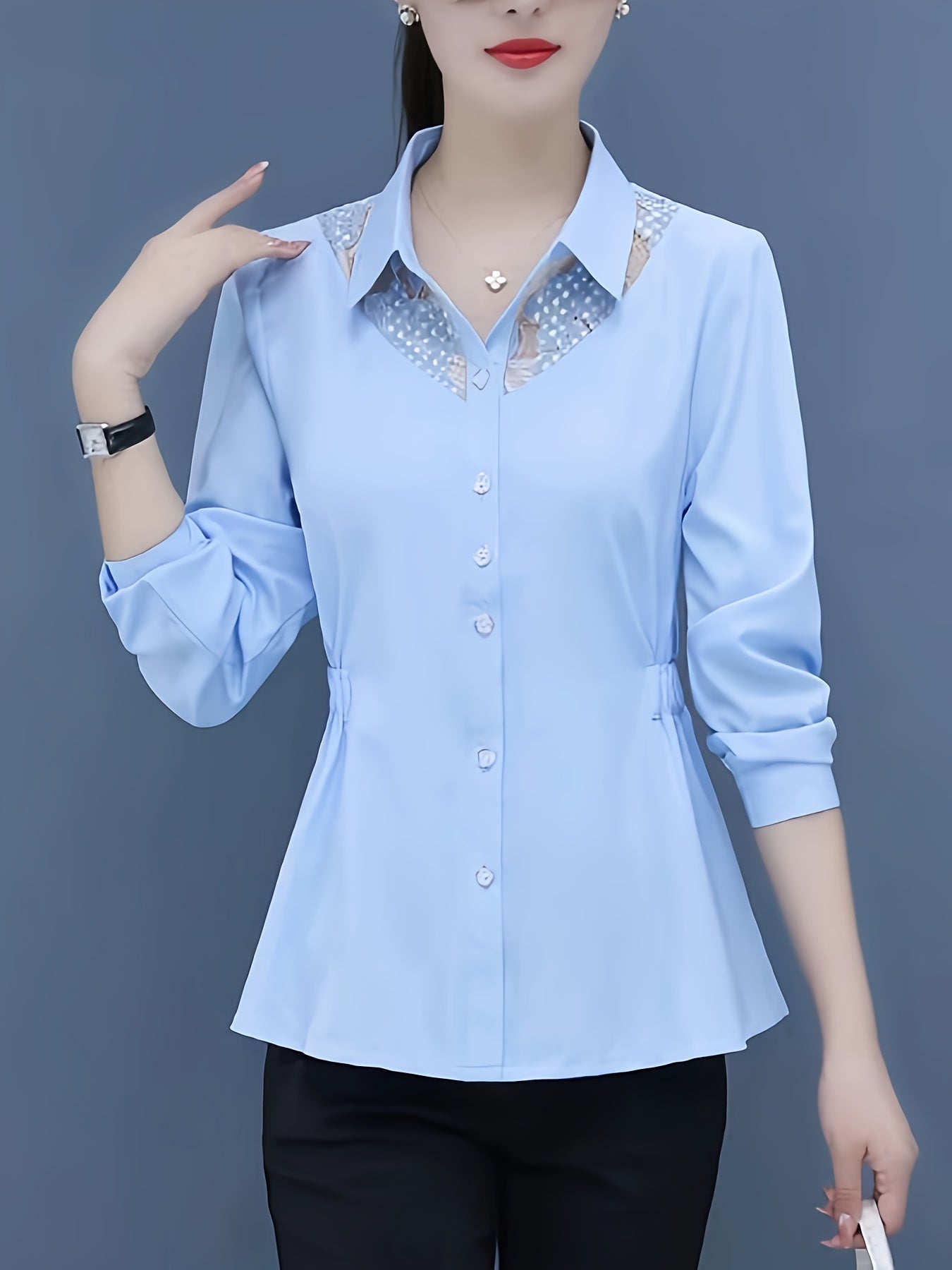 Elegant slim-fit lace stitching button front shirt for office & work.