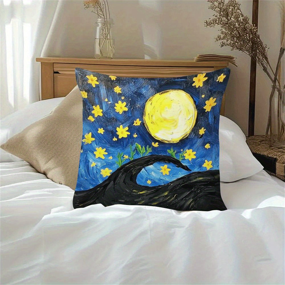 This black cat and moon design throw pillow cover is a chic addition to any space. Made of polyester, this machine washable cover features a zipper closure for easy removal and cleaning. Perfect for adding a touch of style to your sofa, living room, or