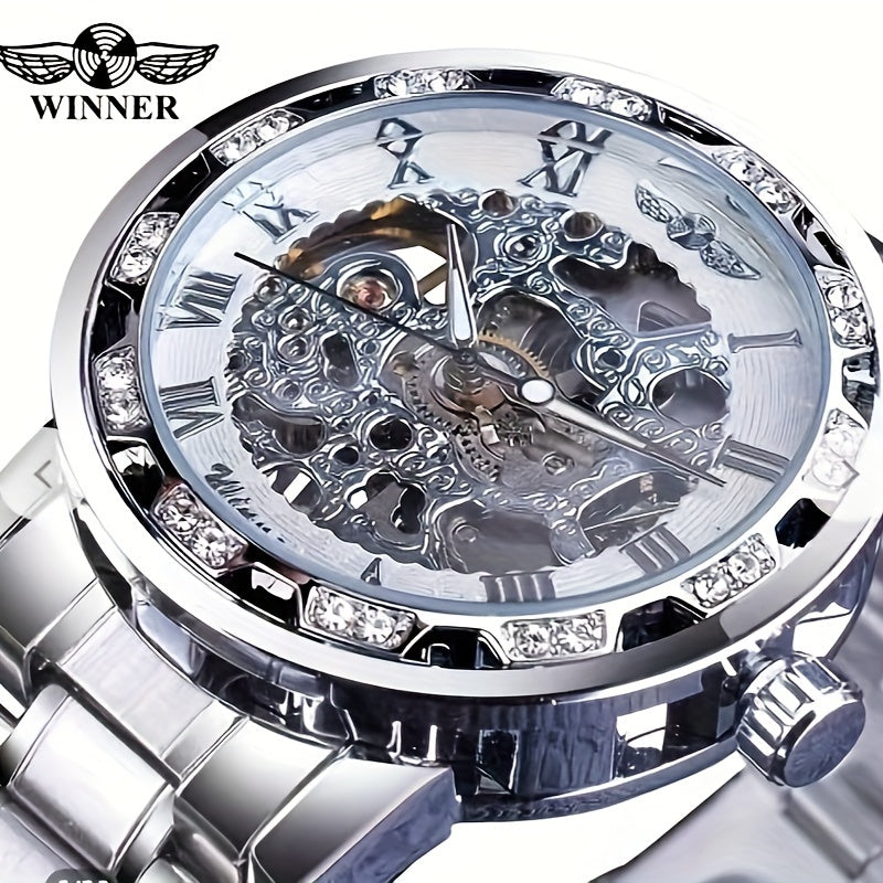 Men's Mechanical Watch with Skeleton Design, Rhinestone Accents & Stainless Steel Band.