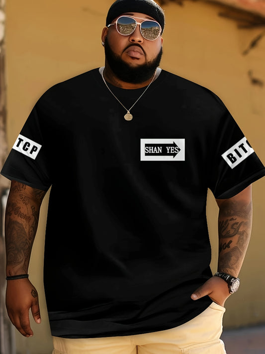 Men's plus size 3D printed polyester/spandex T-shirt in black with crew neck, regular fit, and slight stretch.