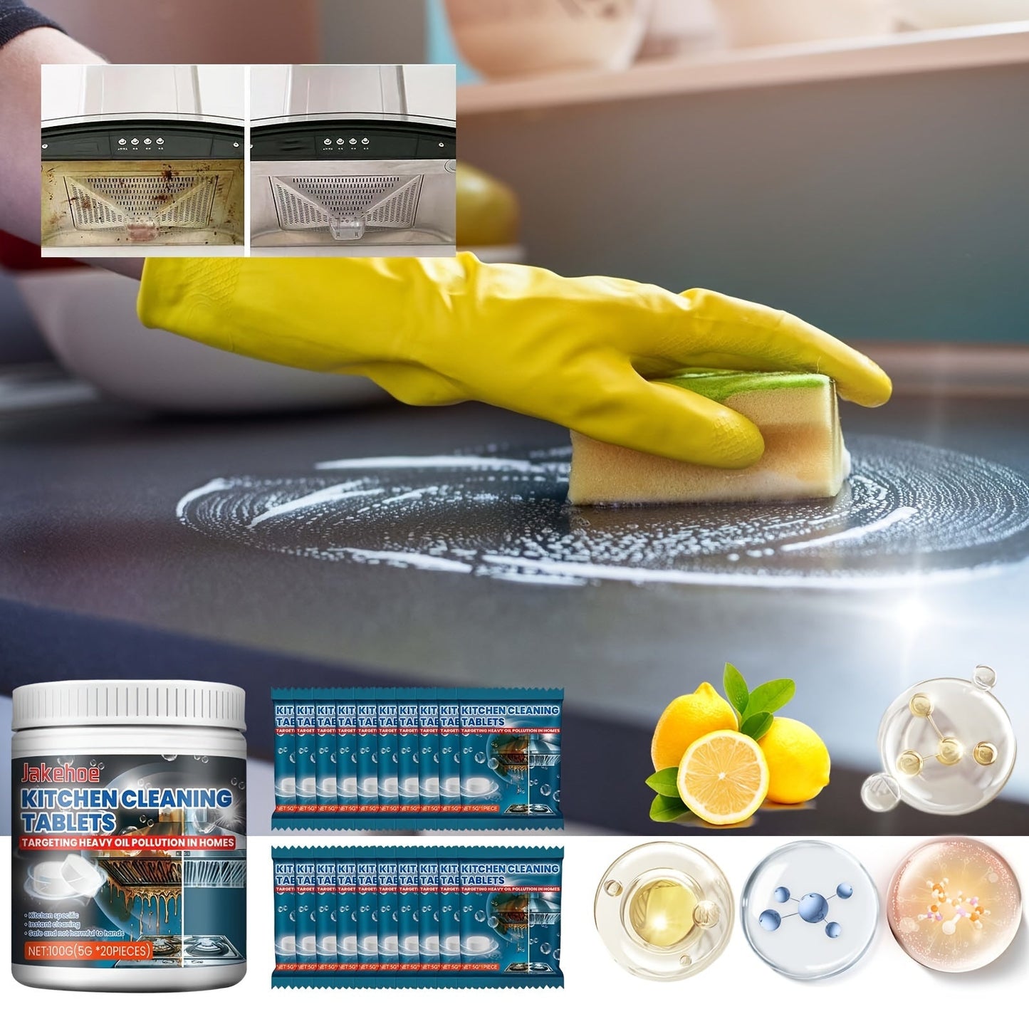 20 tablets of Kitchen Cleaning Effervescent Tablets designed to remove stubborn dirt and stains from kitchen stoves, sinks, and range hoods.