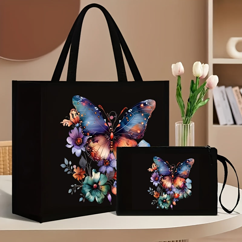 2-piece set consisting of a canvas tote bag with wallet, featuring butterfly and floral print, foldable and durable, fixed shoulder straps, polyester lining, kiss lock closure, geometric