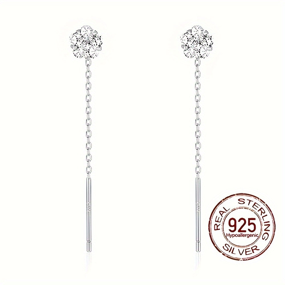 925 Sterling Silver Hypoallergenic Cube Earrings with Shiny Zirconia Decor, Chain Design Dangle, Elegant and Simple Style, Perfect Female Gift