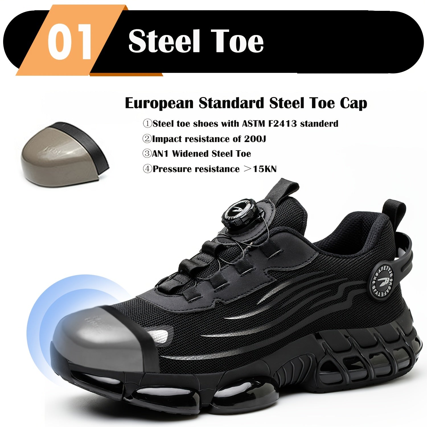 Durable steel-toe work shoes offer all-season protection with anti-hit and anti-puncture features, along with rotating buttons for convenience. Easy to wear and remove.