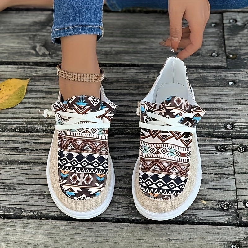 Women's Geometric Pattern Canvas Shoes, Casual Low Top Flat Shoes, Lightweight Sneakers