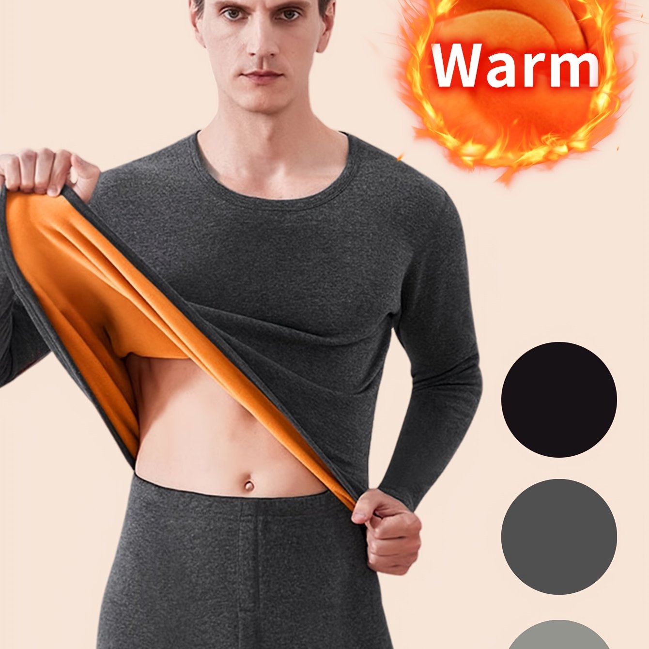 Men's winter pajama set with ultra-thick fleece, including plush long sleeve top and skinny pants. Made of 95% polyester and 5% spandex, featuring crew neck, solid color, knit fabric, and