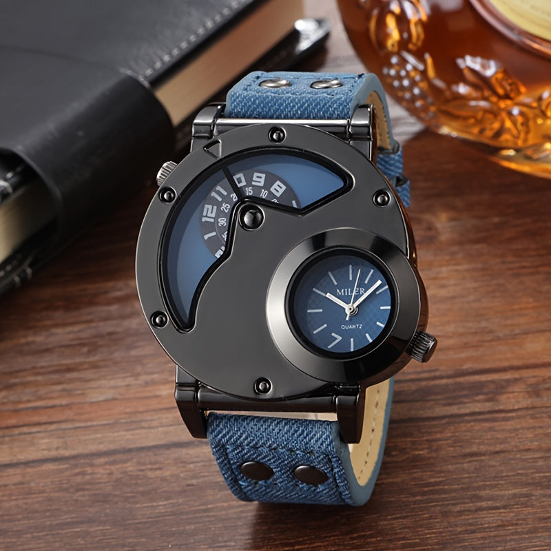 A stylish men's wristwatch features a vintage dual-time display and studded details, complete with a denim strap and round alloy case. Powered by quartz movement and an electronic drive, this fashionable large dial watch is not waterproof.