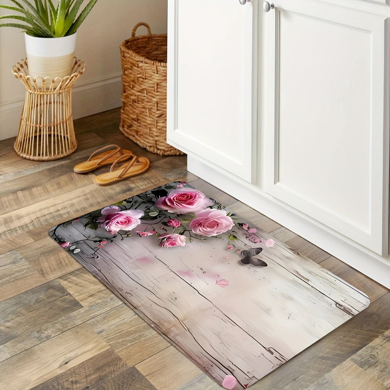 Rectangular Non-Slip Polyester Rug with Floral Design for Kitchen, Office, Entryway, Living Room, Bedroom, or Laundry Room - Machine Washable Indoor Doormat for Comfort and Anti-Fatigue with PVC Backing