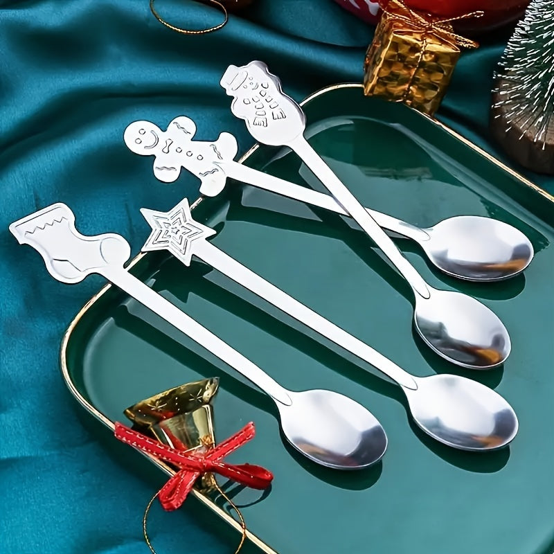 Set of 8/12/24 Christmas-themed stainless steel dessert spoons with mirror finish, perfect for family gatherings, restaurants, and kitchen/dining use.