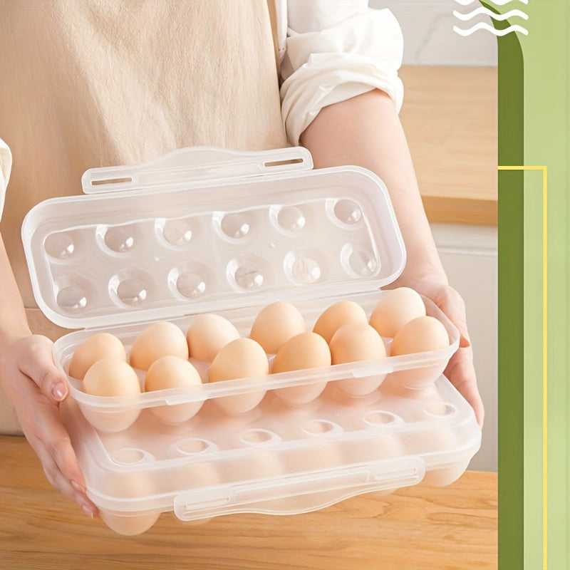 Transparent plastic stackable egg storage container with lid, capable of holding 12/18 eggs. Shockproof and freezer-safe, this space-saving kitchen organizer is perfect for keeping your eggs fresh and organized in the refrigerator.