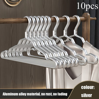 A pack of 10 durable metal hangers with a non-slip, seamless design for organizing coats and clothing in the bedroom or bathroom. Built to last for long-term storage.