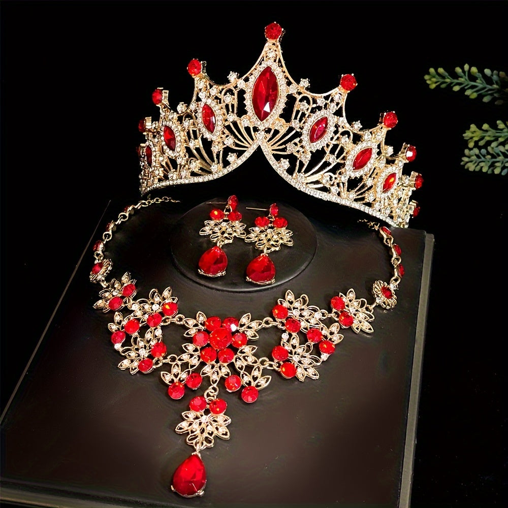 3pc Bridal Crown Set with Tiara, Necklace, and Earrings for Wedding, Photo-shoots, and Parties