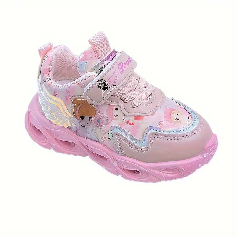 Girls' glow-in-the-dark princess sneakers with LED lights in purple and pink, featuring a magical cartoon design. Lightweight and comfortable for spring and fall. Perfect nighttime shoes