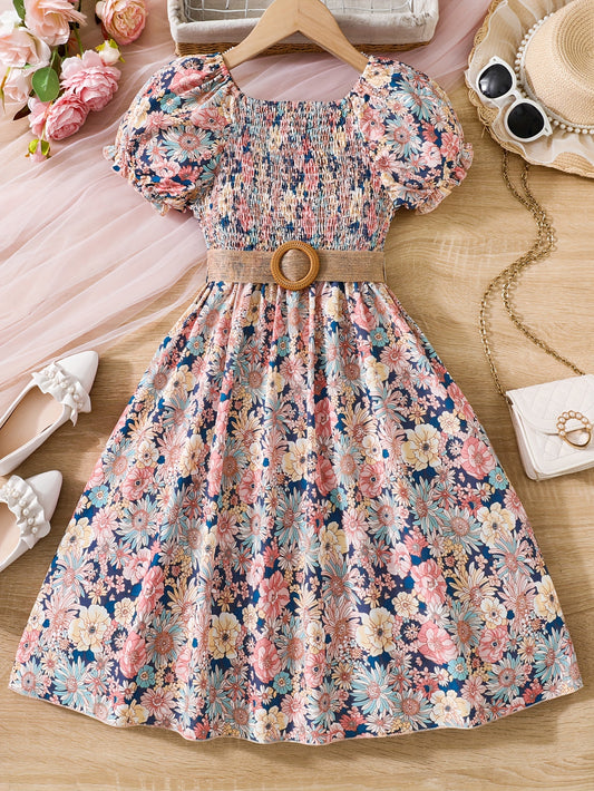 Adorable summer dress for girls with floral print, puff sleeves, and belt - made of lightweight polyester, machine washable - ideal for beach getaways