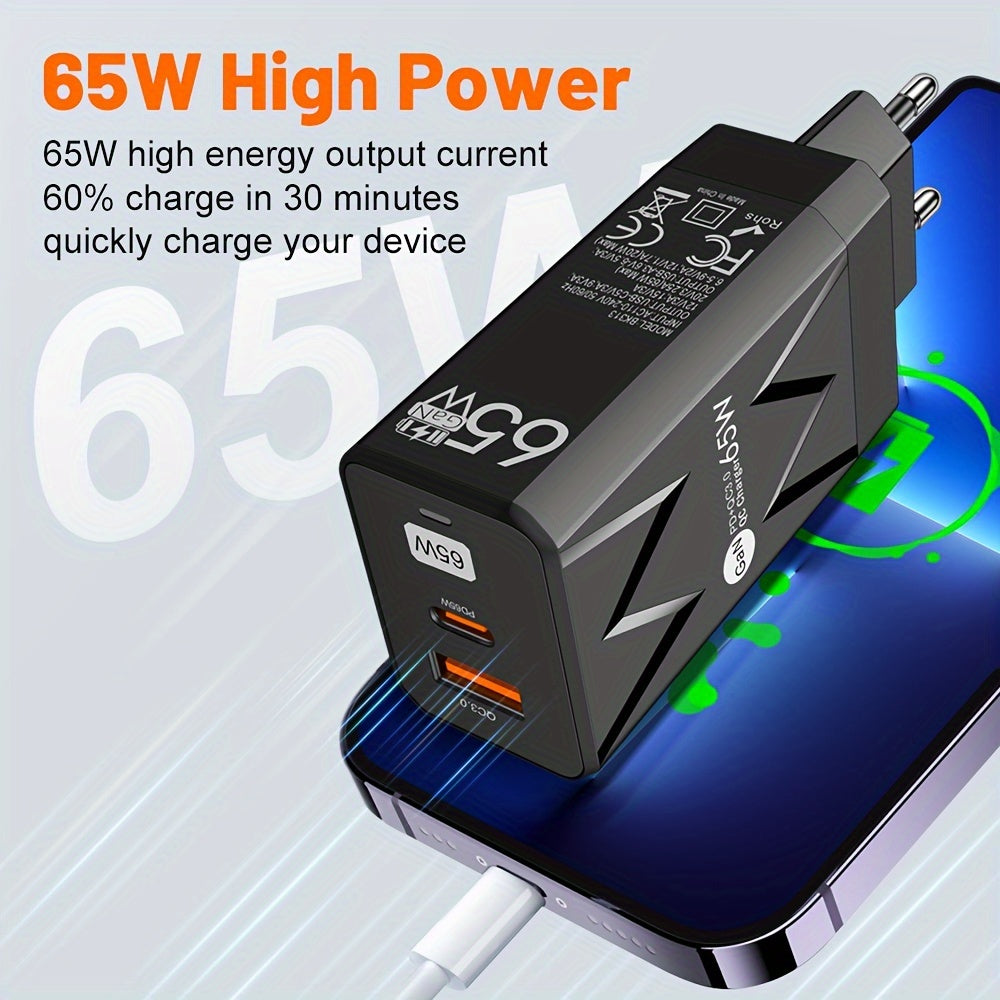 65W PD + 20W USB GaN Двойное Портовое Зарядное Устройство с EU Вилкой для Быстрой Зарядки Мобильных Телефонов, Портативное для Путешествий.