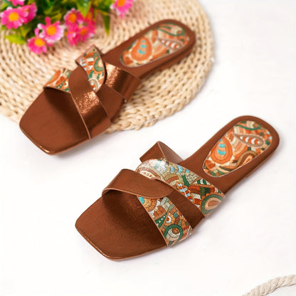 Women's Paisley Pattern Flat Slides with Square Open Toe, Casual Outdoor Beach Sandals.