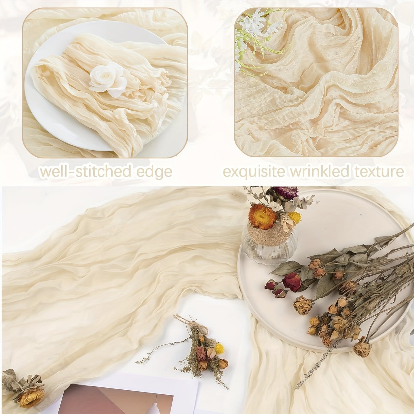 Polyester crinkle table runner for rustic wedding decor.