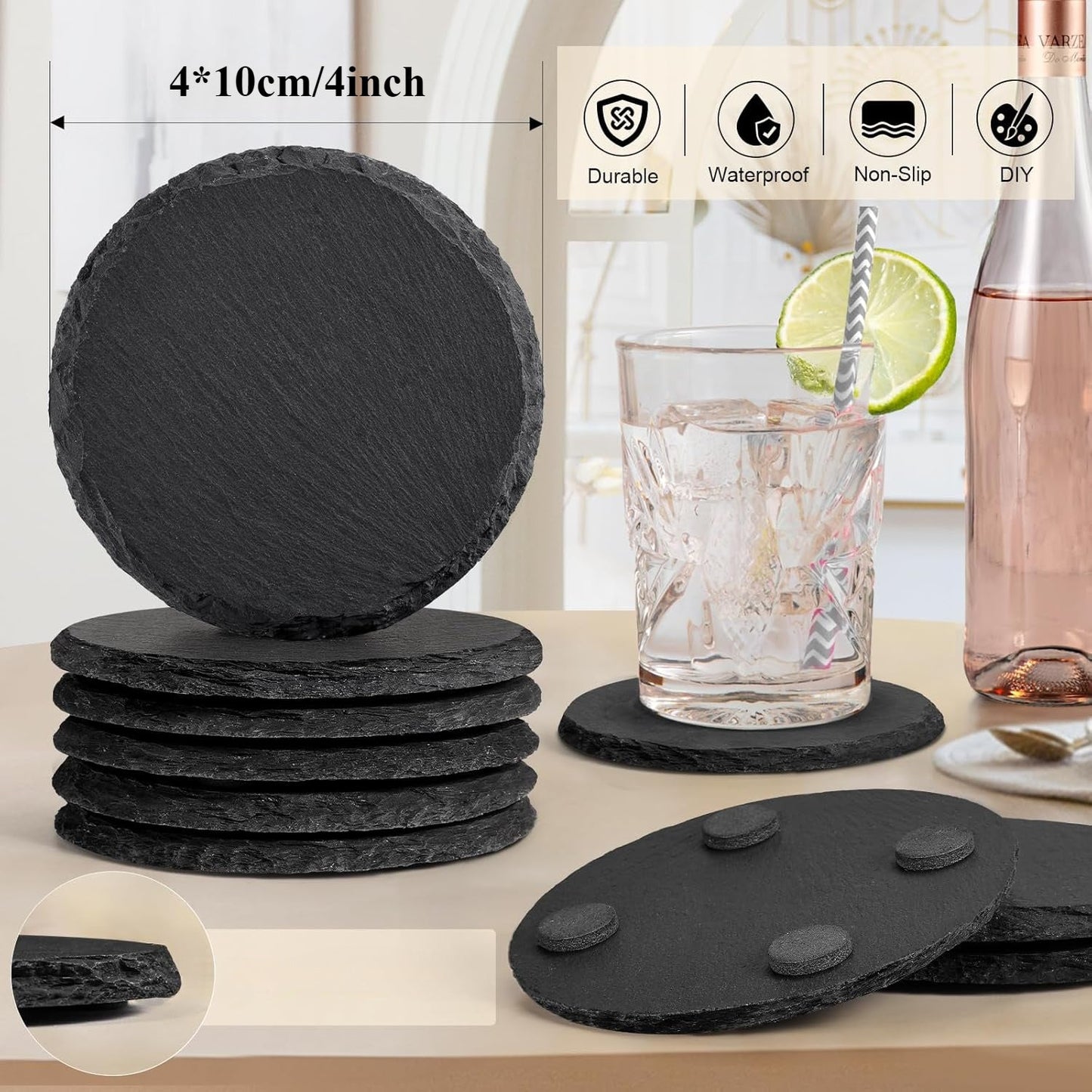 Get a pack of 48 slate coasters in bulk, each measuring 10.16 cm. These black coasters are perfect for drinks and can be customized with laser engraving. The set also includes 24 natural square and round stone coasters, ideal for various projects, gifts