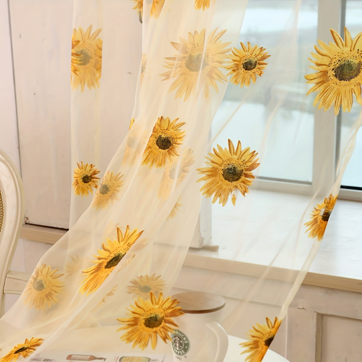 Sunflower Printed Sheer Curtain with Thin Flower Design - Ideal for Bedroom, Office, Kitchen, Living Room, Study - Rod Pocket Window Treatment for Home Decor and Aesthetic Room Decoration