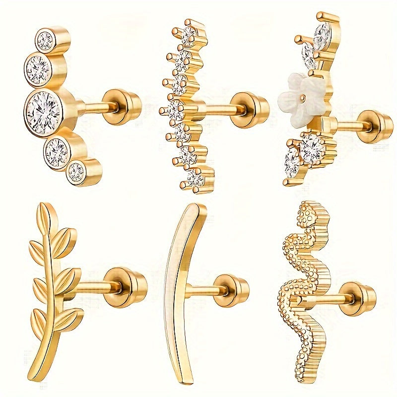 Fashionable women's piercing jewelry featuring 6 hypoallergenic spiral cartilage earrings made of 316L stainless steel, adorned with square crystal zirconia.