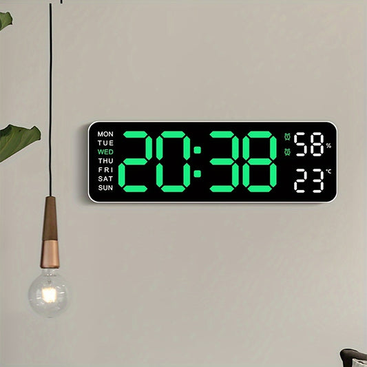 Digital wall clock with temperature and humidity display, week display, adjustable brightness, table alarm clock, and 12/24 hour format.