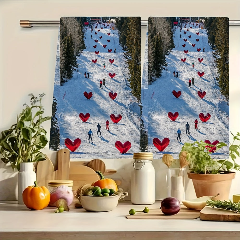 A set of two ultra soft polyester kitchen towels, designed for high absorbency and easy machine washing. These contemporary rectangular dish hand towels feature a coastal theme with a heart flags ski slope design. Each towel measures 40.64x60.96 cm.