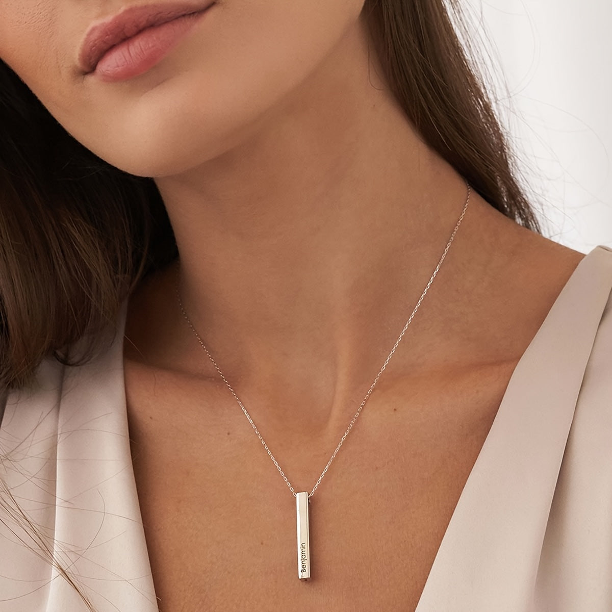 Stylish Customizable 3D Vertical Bar Pendant Necklace in 18K Gold Plated Stainless Steel, Laser Engraved with Personalized English Name, Boho Chic Style, Perfect for Everyday Wear or as a Gift for Women.