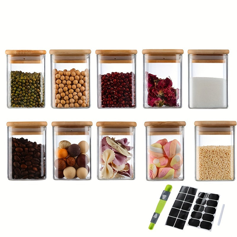 10-Piece Square Glass Spice Jars Set with Measuring Spoon and Airtight Bamboo Lids for Dining and Cookingpurposes.