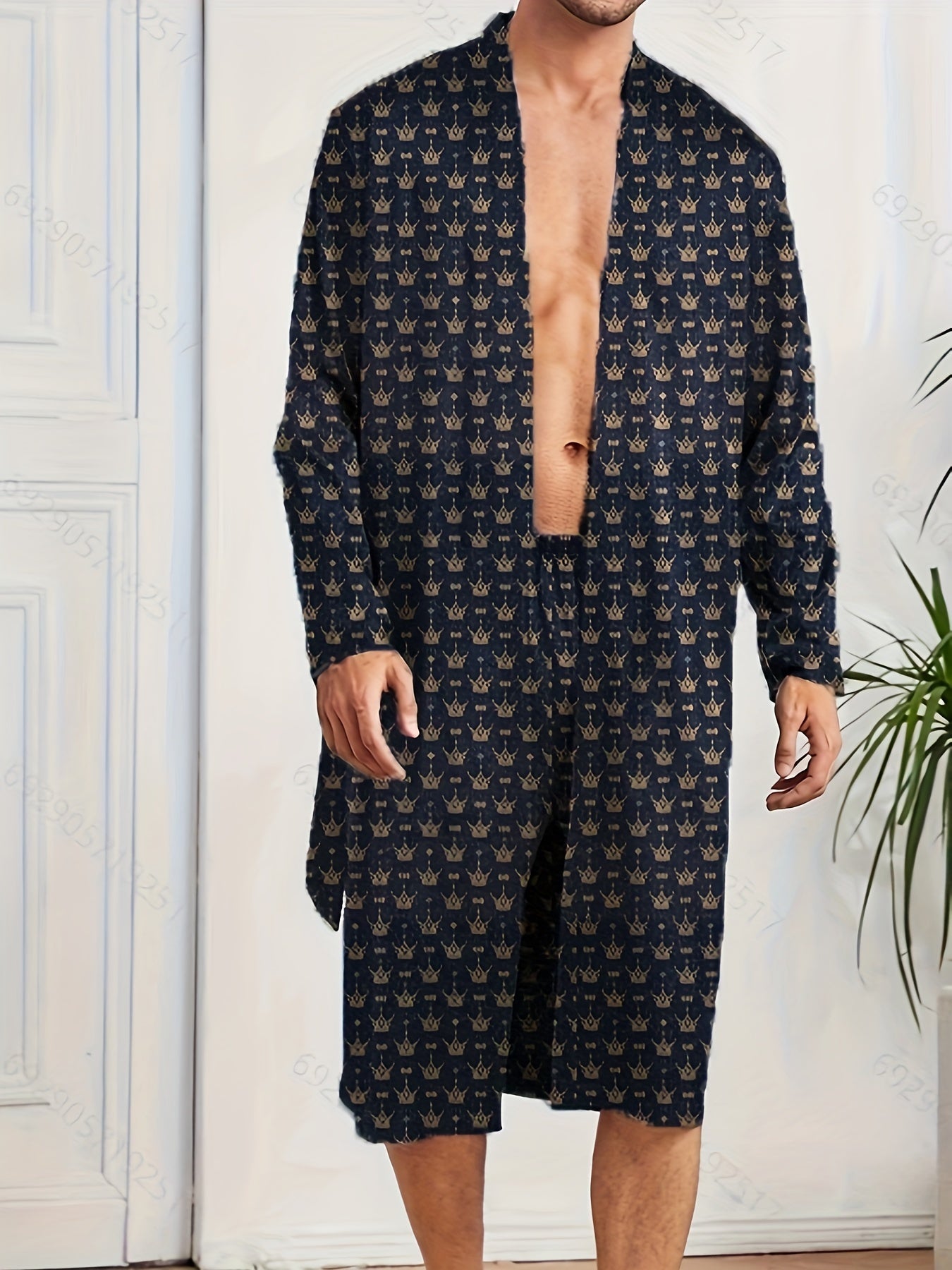 Men's long sleeve robes and shorts featuring a trendy crown pattern, perfect for comfortable and casual indoor activities.